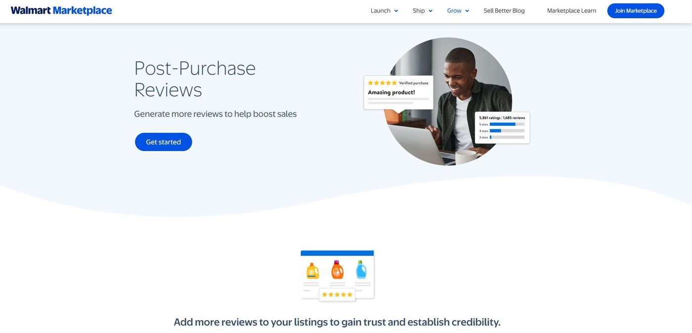 Walmart Marketplace Post-Purchase Reviews program page headed Post-Purchase Reviews: generate more reviews to help boost sales, with a Get started button and an example five-star verified purchase review.