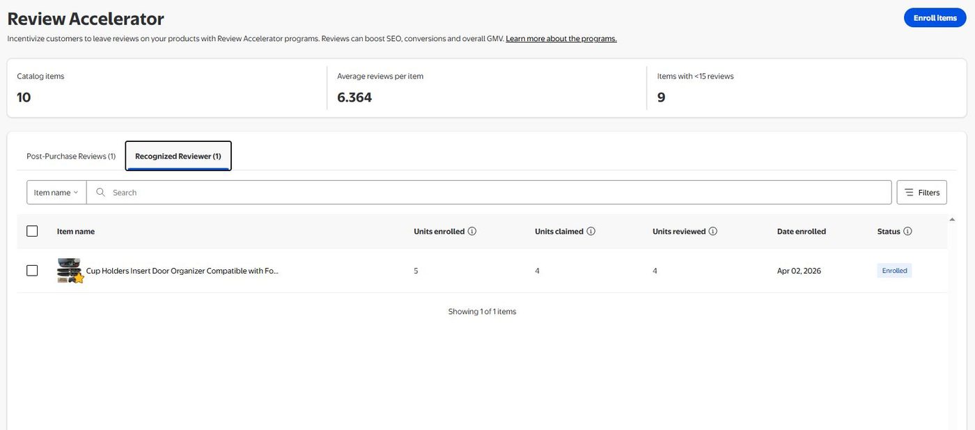 Walmart Seller Center Review Accelerator dashboard showing 10 catalog items, 6.364 average reviews per item, and 9 items with fewer than 15 reviews, with one product enrolled in the Recognized Reviewer program showing 5 units enrolled, 4 claimed, and 4 reviewed.