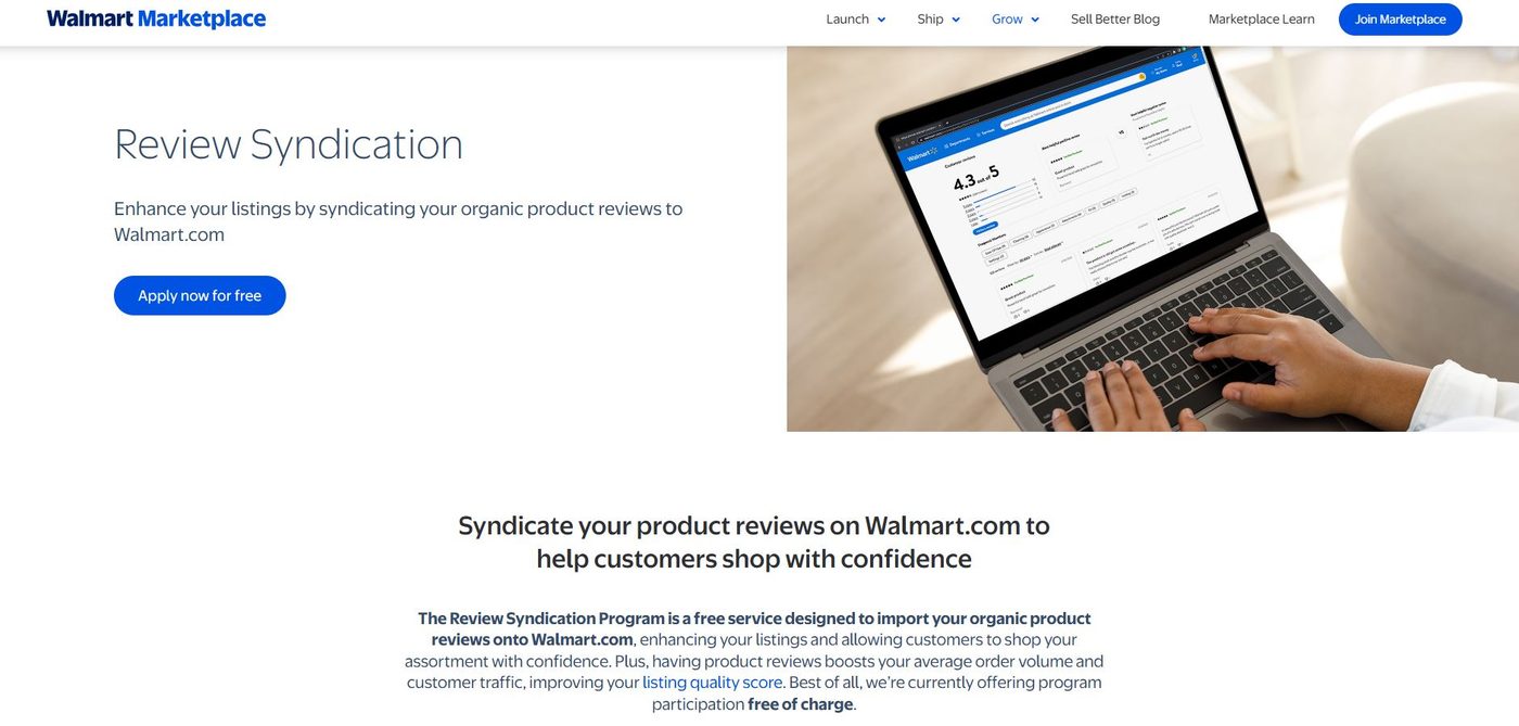 Walmart Marketplace Review Syndication program page headed Review Syndication: enhance your listings by syndicating your organic product reviews to Walmart.com, with an Apply now for free button.