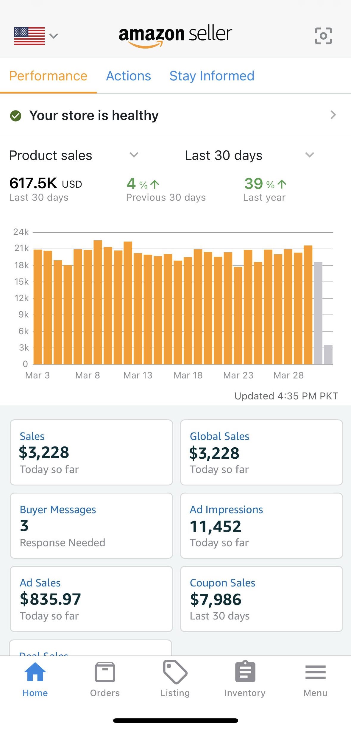 Amazon Seller Central dashboard showing $617K monthly revenue