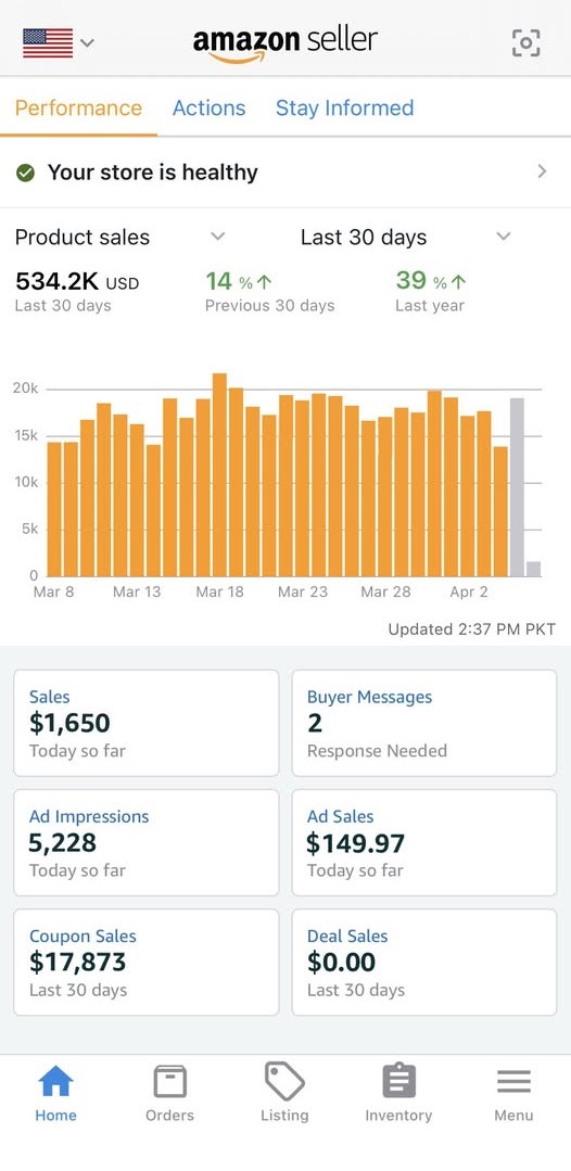 Amazon Seller Central dashboard showing $534K monthly revenue