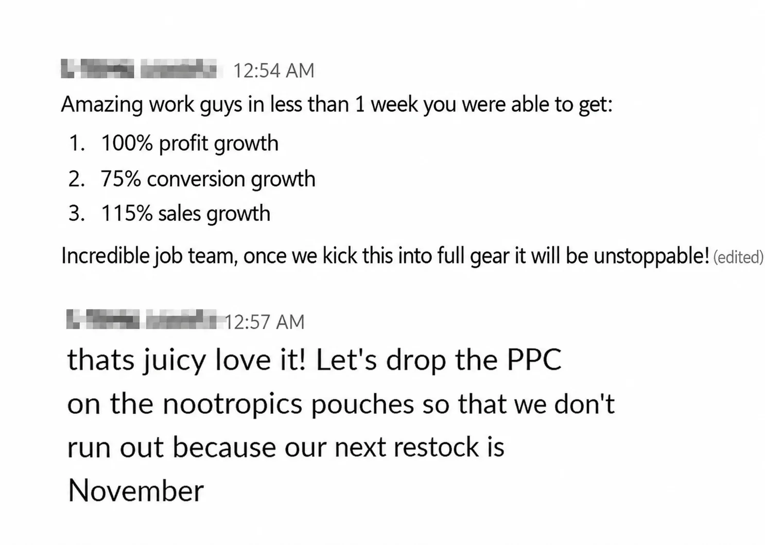 Client message — 100% profit growth, 75% conversion growth, 115% sales growth in under 1 week