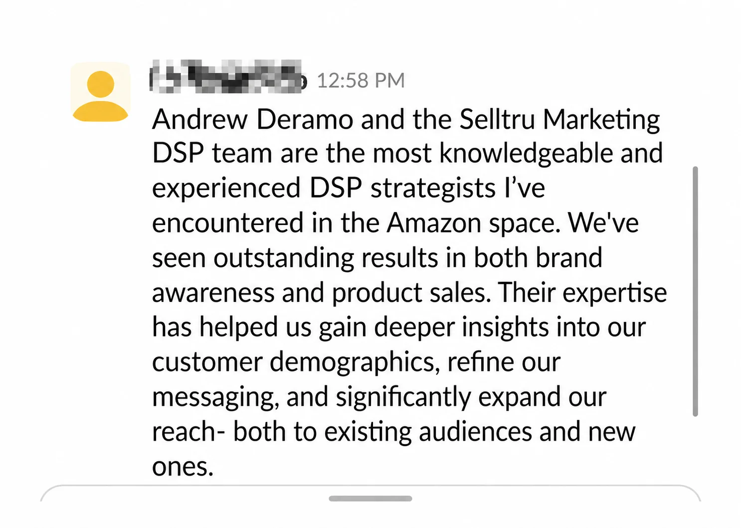 Client review praising the SellTru Marketing DSP team's expertise and results in brand awareness and product sales on Amazon